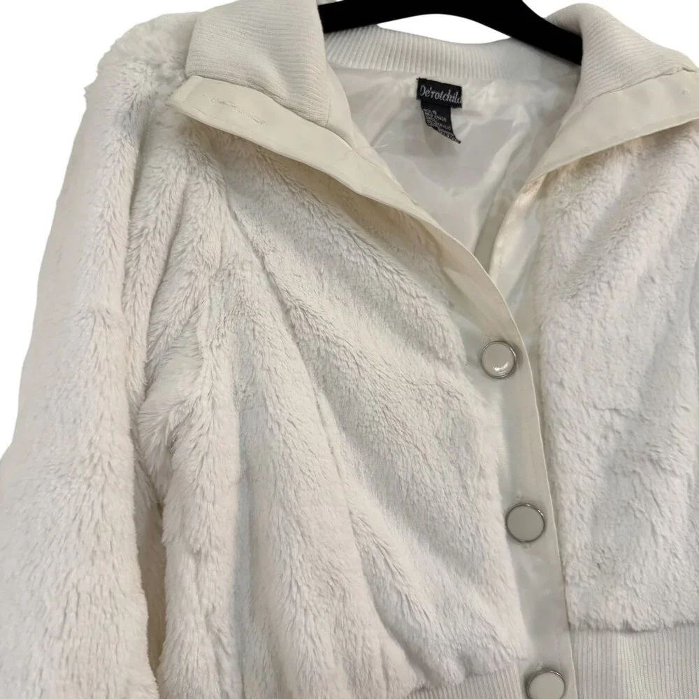Y2K Dérotchild Faux Fur Bomber Jacket Ivory White Puff Sleeve Ribbed Hem Small - Picture 2 of 9